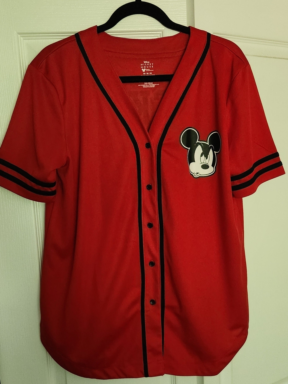 Disney Red Baseball-Style Womans Shirt with Black Trim and Mickey Patch